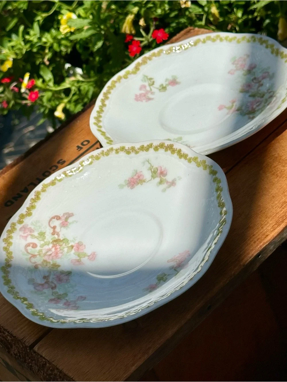 A Lanternier Limoges France Floral Saucers Set of 2 Pink and Gold Vintage
